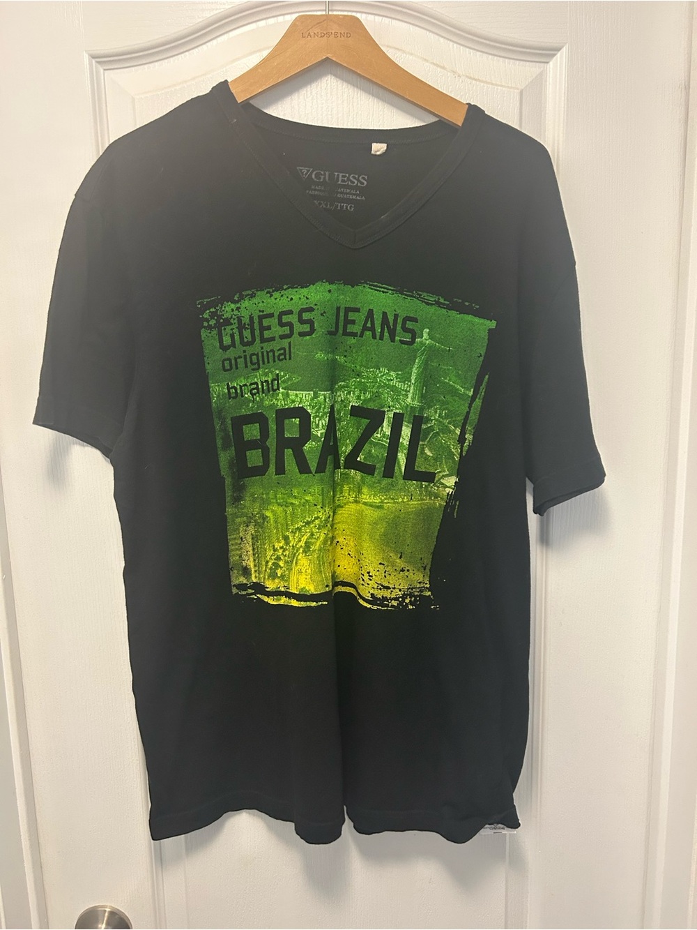 Guess Black V‑Neck Tee with Bright Green Graphic
